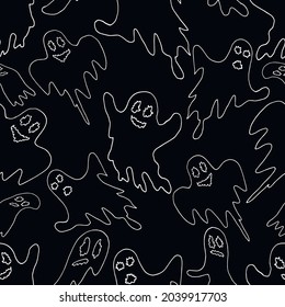 Hand drawn seamless Halloween pattern.The contours of the ghosts on a black background. Vector illustration.
