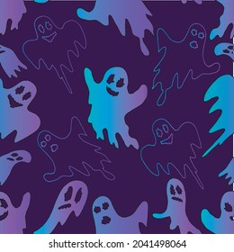 Hand drawn seamless Halloween pattern. The contours of lilac ghosts on a purple background Vector illustration.