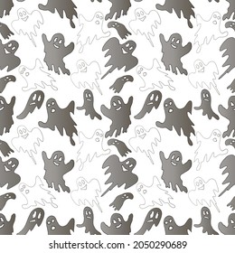 Hand drawn seamless Halloween pattern. The outlines and silhouettes of grey ghosts on a transparent background. Vector illustration for wrapping paper