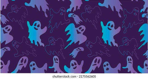 Hand drawn seamless Halloween pattern. The contours of lilac ghosts on a purple backgroundю Vector illustration.