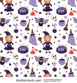 Hand drawn seamless halloween pattern with witch, ghost, bat, funny elements. Children halloween ornament