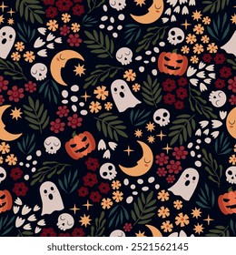 Dibujado a mano sin patrón de halloween con Elementos lindos en estilo plano. Fondo botánico y espeluznante con hojas, flores, calabazas, luna, cráneos y fantasmas. Vector doodle impresión para textiles o papel