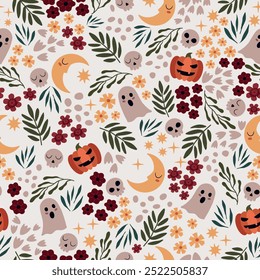 Dibujado a mano sin patrón de halloween con Elementos lindos en estilo plano. Fondo botánico y espeluznante con hojas, flores, calabazas, luna, cráneos y fantasmas. Vector ligero doodle impresión 