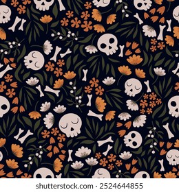 Dibujado a mano sin patrón de halloween con cráneos lindos en estilo plano. Fondo botánico y espeluznante con hojas, flores, bayas y huesos. Vector doodle impresión para textiles o papel