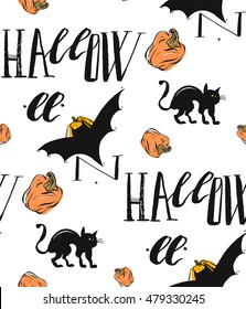 Hand drawn seamless halloween pattern with modern calligraphy lettering phase halloween.