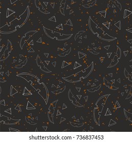 Hand drawn seamless halloween pattern with spooky scary faces on a dark background
