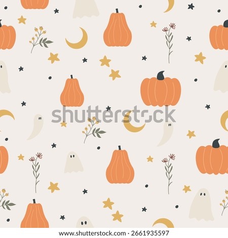 Hand drawn seamless halloween pattern with cute elements in flat style. Botanical and spooky backdrop with flowers, pumpkins, moon, stars and ghosts. Vector doodle print in pastel colors