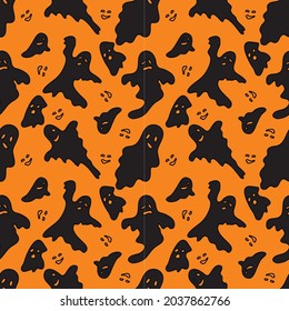 Hand drawn seamless Halloween pattern.Black ghosts on orange background. Vector illustration.