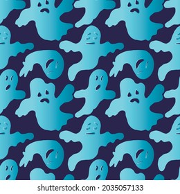 Hand drawn seamless Halloween pattern.Blue ghosts on a dark blue background. Vector illustration.