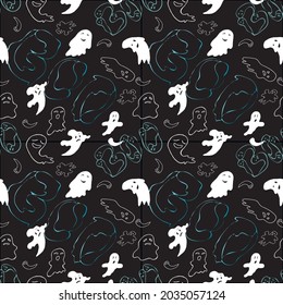 Handgezeichnet nahtloses Halloween-Muster.Konturen von Geistern auf schwarzem Hintergrund. Vektorgrafik.