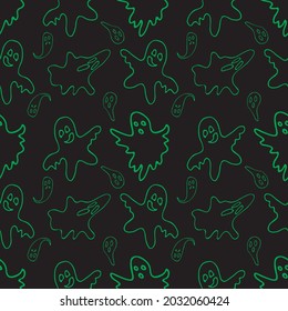 Hand drawn seamless Halloween pattern.Green contours of the ghosts on a black background. Vector illustration.