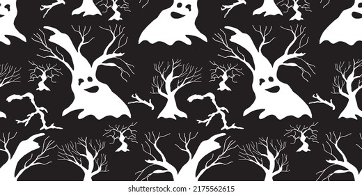Hand drawn seamless Halloween pattern.White horror tree on a black background. Vector illustration.