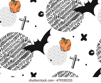 Hand drawn Seamless Halloween vector abstract textured pattern with bats,crosses and pumpkins.Isolated on white background with round polka dot and zig zag textures.
