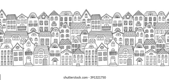 Hand drawn seamless horizontal banner of a city with cute little houses