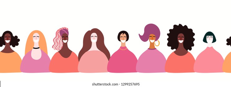 Hand drawn seamless horizontal border with diverse women faces. Vector illustration. Flat style design. Concept, element for feminism, womens day card, poster, banner, wallpaper, packaging, background