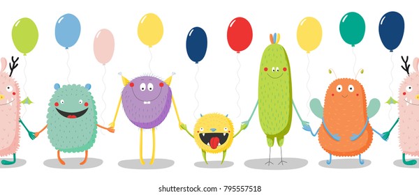 Hand drawn seamless horizontal vector pattern with cute funny monsters, smiling and holding hands, balloons. Vector illustration. Design concept for children, birthday celebration.