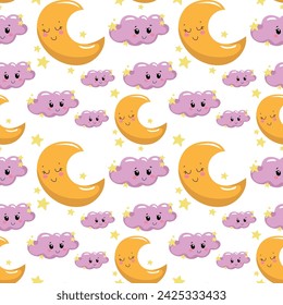Hand drawn seamless illustration of celestial elements in kawaii style. Cute elements