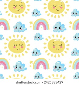 Handgezeichnete nahtlose Illustration von Wetterelementen im Kawaii-Stil. Nette Elemente