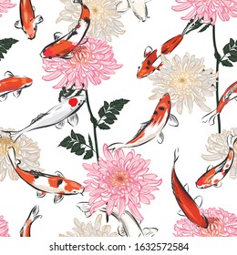 Hand drawn Seamless japanese blooming flowers pattern background with koi carp fish, Design for fashion,fabric,web,wallpapers,wrapping and all prints on white