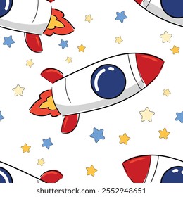 Hand Drawn Seamless Kids Rocket Pattern - Cute Space Illustration