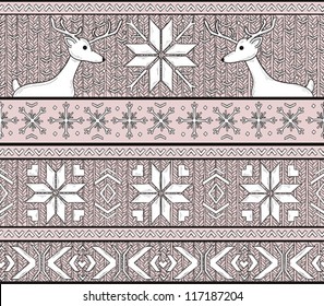 Hand drawn seamless knitted background in fair Isle style with deers and snowflakes