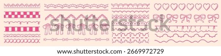 Hand drawn seamless lace borders. Vintage scallop trim for valentine or wedding cards decoration, whimsical coquette vector design set