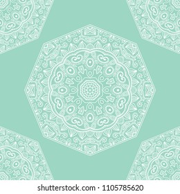 Hand drawn seamless lacy mandala pattern, repeating texture for textile fabric or paper print. Colored doodle background. Tribal ethnic ornament, design for book cover, invitation card design