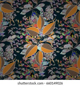 Hand drawn seamless leaf illustration. Seamless pattern abstract floral background. Vector sketch of many abstract leaves in colors.