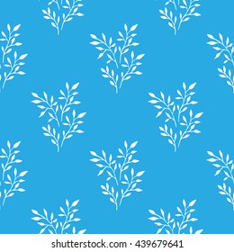 Hand drawn seamless leaves pattern light blue background. 