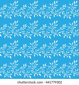 Hand drawn seamless leaves pattern azure background. 