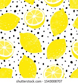 Hand drawn seamless lemon pattern with black dots. Trendy summer background. Vector bright print for fabric or wallpaper.