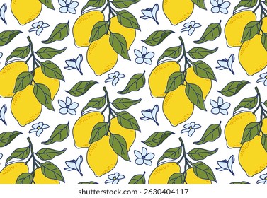 Handgezeichnetes nahtloses Zitronenmuster auf weißem Hintergrund, grooviges Zitrusdesign für Stoffdrucke, Einladungen und Packpapier.