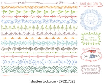 Hand Drawn Seamless Line Border,brush Stroke Set .Logo,frame,invitations Card,pattern, Ornament.Colored Doodle Decor,Logotype.For Decorating  Design Template, Invitations, Holiday, Baby Design.Vector