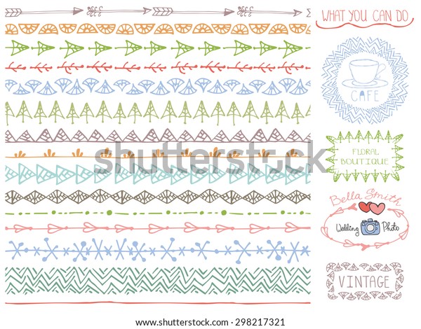 Hand drawn seamless line border,brush\
stroke set .Logo,frame,invitations card,pattern, ornament.Colored\
Doodle decor,Logotype.For decorating  design template, invitations,\
holiday, baby\
design.Vector