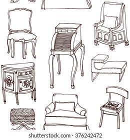 Hand drawn seamless line pattern with set of living furniture - chairs, armchairs, bureau Design of postcard , textile, notebook, book.