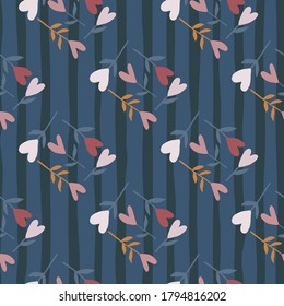 Hand drawn seamless lowe flowers pattern. Light pink hearts on navy dark blue background with strips. Decorative print for wallpaper, textile, wrapping paper, fabric print. Vector illustration.