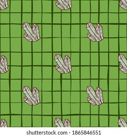 Hand drawn seamless magic pattern with crystal ornament. Green chequered background. Designed for fabric design, textile print, wrapping, cover. Vector illustration.