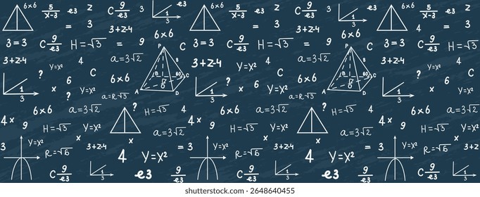 Fondo de matemáticas sin fisuras dibujado a mano con fórmulas y gráficos en pizarra.