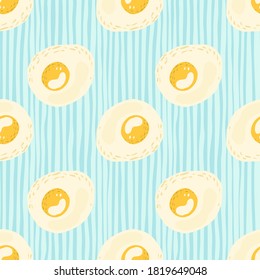 Hand drawn seamless meal pattern with eggs silouettes. Omelette healthy breakfast flat backdrop. Blue stripped background. Great for wallpaper, textile, wrapping, fabric print. Vector illustration