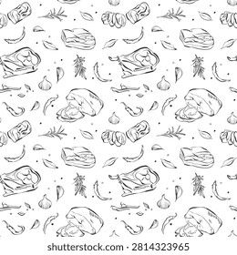 Hand drawn seamless meat delicacies pattern with jamon, bacon, prosciutto, ham, garlic, rosemary and spices. Vintage ink culinary vector illustration for textile, wrapping, wallpaper and packaging.