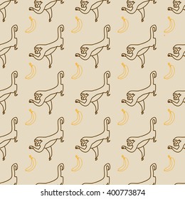 Hand drawn seamless monkey with banana pattern