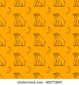 Hand drawn seamless monkey with banana pattern