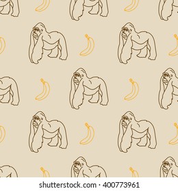 Hand drawn seamless monkey with banana pattern