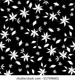 Hand drawn seamless monochrome floral pattern. Delicate small flowers and leaves on black background for textile, wallpaper, fabric, cloth, paper, wrapping