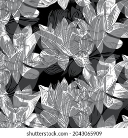 Hand drawn seamless monochrome pattern with lotus isolated on black background. Vector floral illustration.