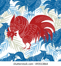 Hand drawn seamless New Year pattern. Vector illustration symbol of the year 2017 on the Chinese calendar - fire cock.