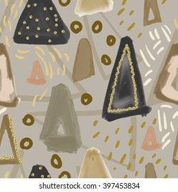 Hand drawn seamless oil ink pattern with triangles abstract element. Sketch design for print, home decor, textile, fashion fabric 
