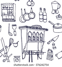Hand drawn seamless outline pattern with set of kitchen furniture and dishes- kitchen shelf, crockery, plates, cups,knife, grater, pans, scales. Design of postcard , textile, notebook, book.