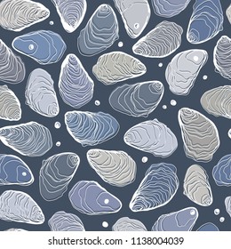 Hand Drawn Seamless Oysters and Pearls Line Pattern on Blue