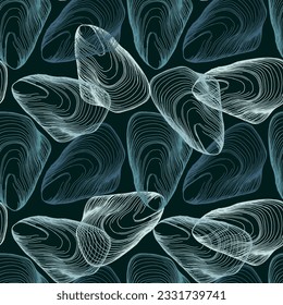 Hand Drawn Seamless Oysters and Pearls Line. Abstract vector pattern. Repeating abstract background.